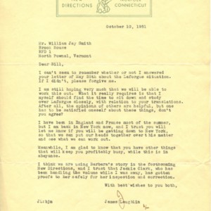 Typed letter, signed from James Laughlin to William Jay Smith, October 10, 1951